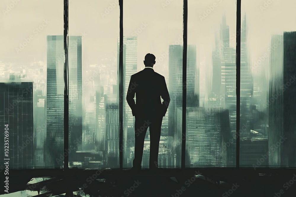 A lone businessman silhouetted against a cityscape viewed through a large window A lone businessman silhouetted against a cityscape viewed through a large window