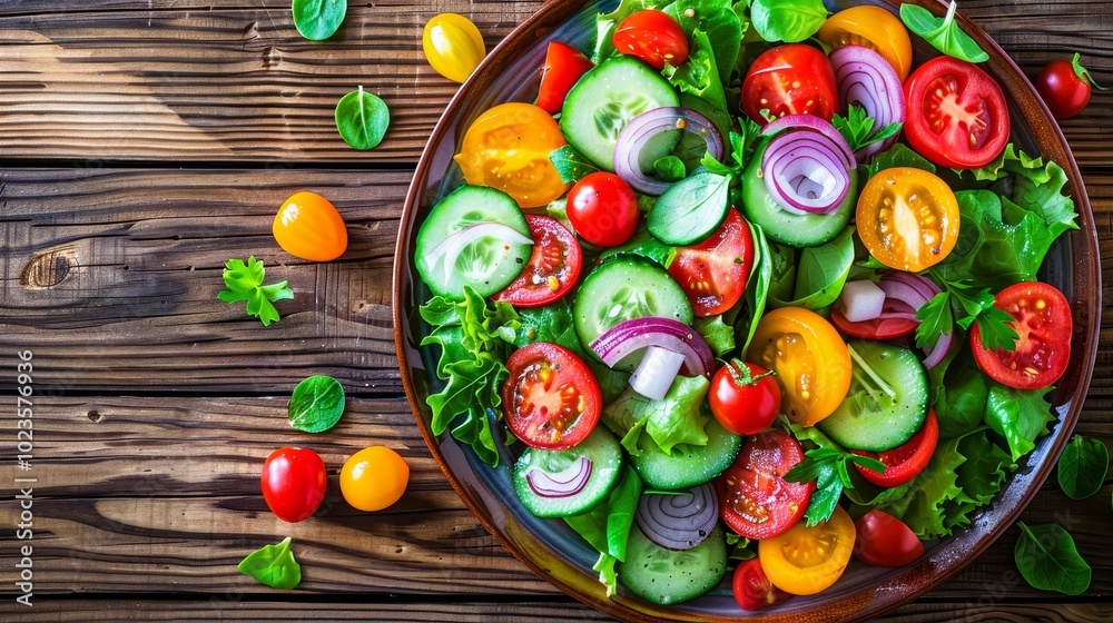 Vibrant and fresh salad showcased delightfully on a rustic wooden table for a colorful meal Vibrant and fresh salad showcased delightfully on a rustic wooden table for a colorful meal