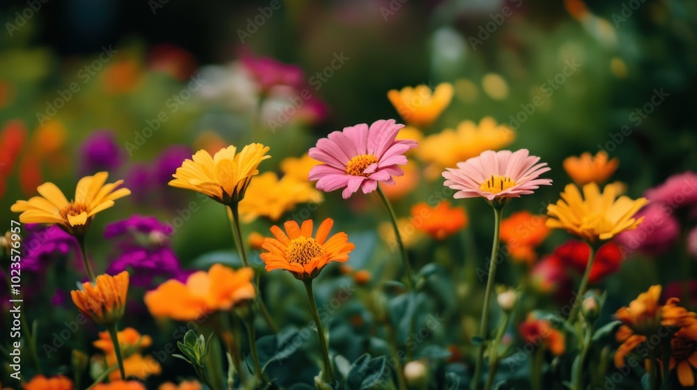 Vibrant Yellow, Orange, and Pink Wildflowers in a Lush Garden Vibrant Yellow, Orange, and Pink Wildflowers in a Lush Garden
