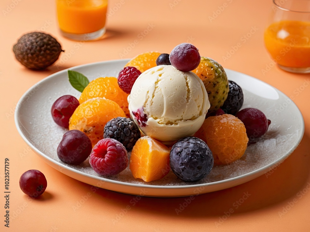 Exotic fruits ice cream balls in nice plate on orange background. Tropical ice cream balls on orange background Exotic fruits ice cream balls in nice plate on orange background. Tropical ice cream balls on orange background
