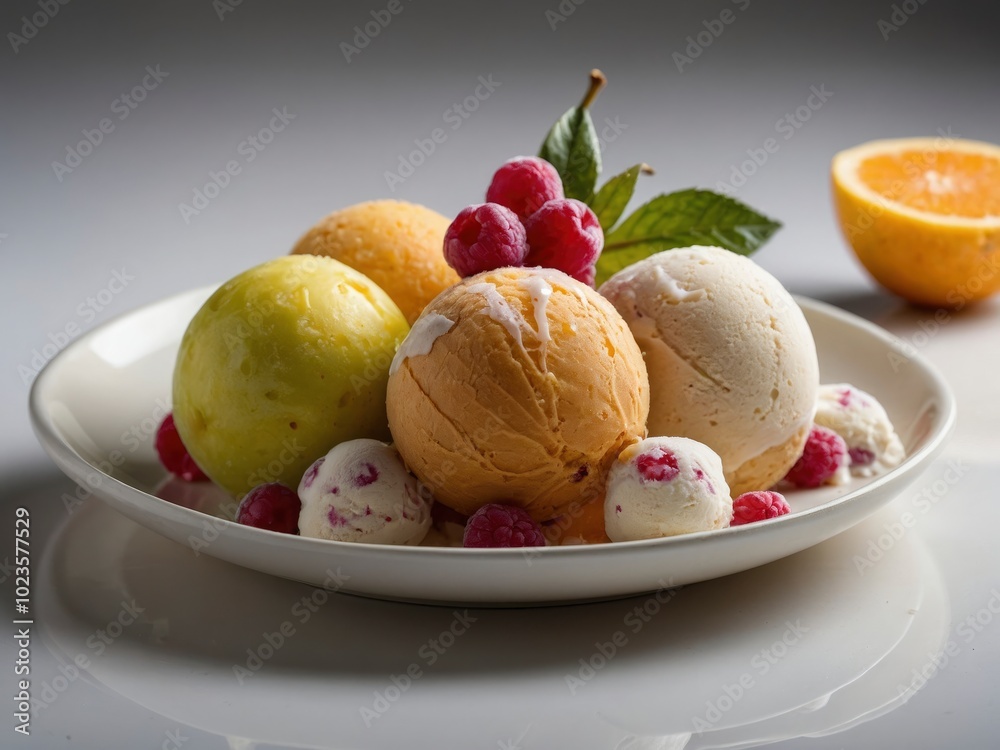 Exotic fruits ice cream balls in nice plate on white background. Delicious ice cream balls display Exotic fruits ice cream balls in nice plate on white background. Delicious ice cream balls display