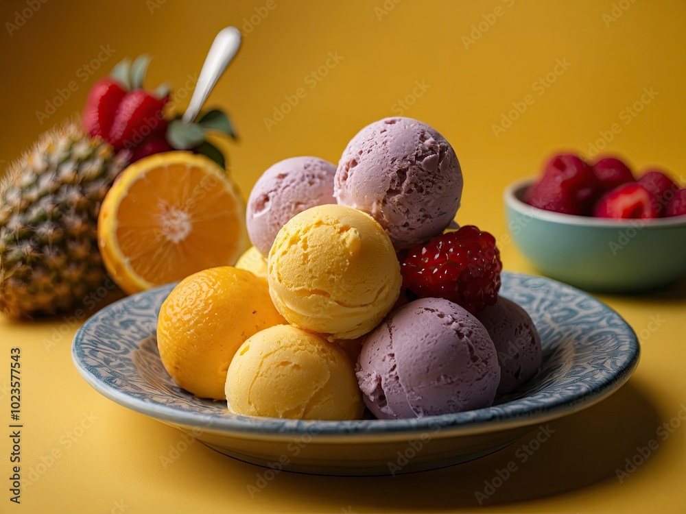 Exotic fruits ice cream balls in nice plate on yellow background. Colorful fruit ice cream on bright yellow Exotic fruits ice cream balls in nice plate on yellow background. Colorful fruit ice cream on bright yellow