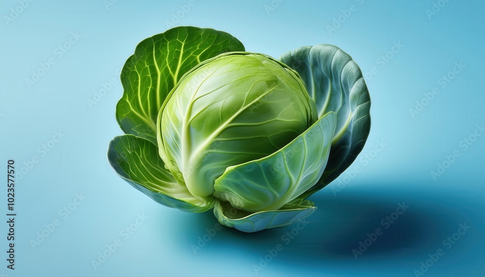 Fototapeta premium Fresh Green Cabbage on Vibrant Blue Background. Perfect for Healthy Cooking, Organic Food, and Farm to Table Concepts