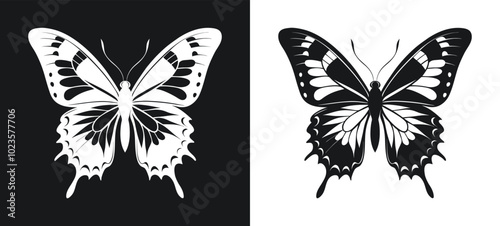 swallowtail butterfly black and white silhouette and icon vector illustration