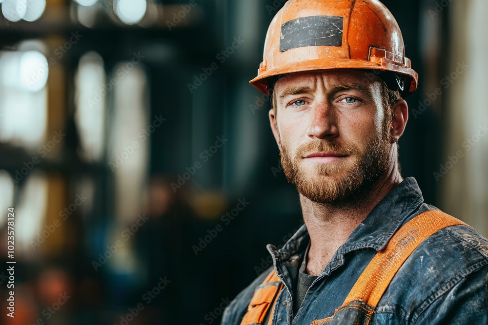 A Close-Up Portrait of a Construction Worker in a Hard Hat A Close-Up Portrait of a Construction Worker in a Hard Hat