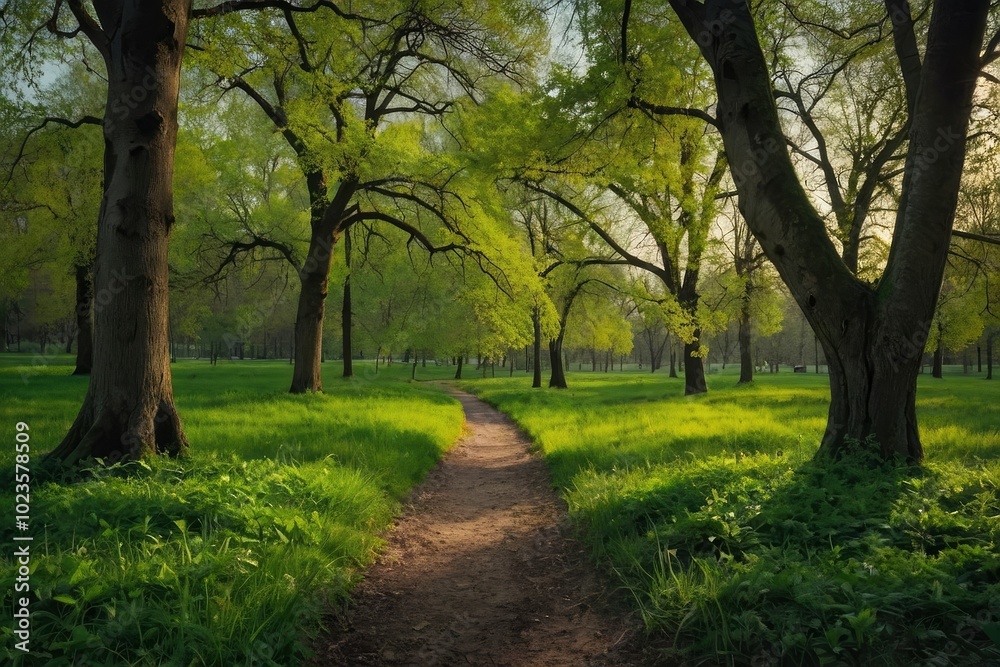 Green park landscape showing deciduous trees with fresh green foliage at springtime and sunny day in panoramic view. Sunny spring day in the verdant park Green park landscape showing deciduous trees with fresh green foliage at springtime and sunny day in panoramic view. Sunny spring day in the verdant park