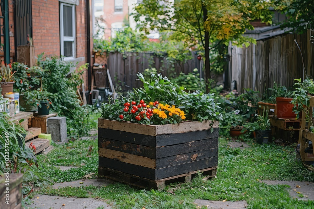 A Wooden Crate Planter Filled with Tomatoes, Flowers, and Herbs in an Urban Backyard A Wooden Crate Planter Filled with Tomatoes, Flowers, and Herbs in an Urban Backyard