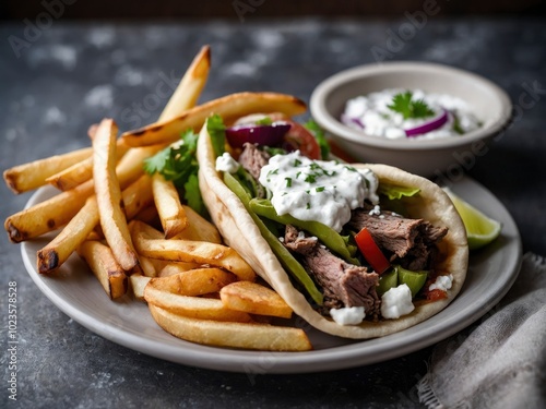 Greek gyro with shaved lamb and french fries. Irresistible lamb gyro accompanied by fries