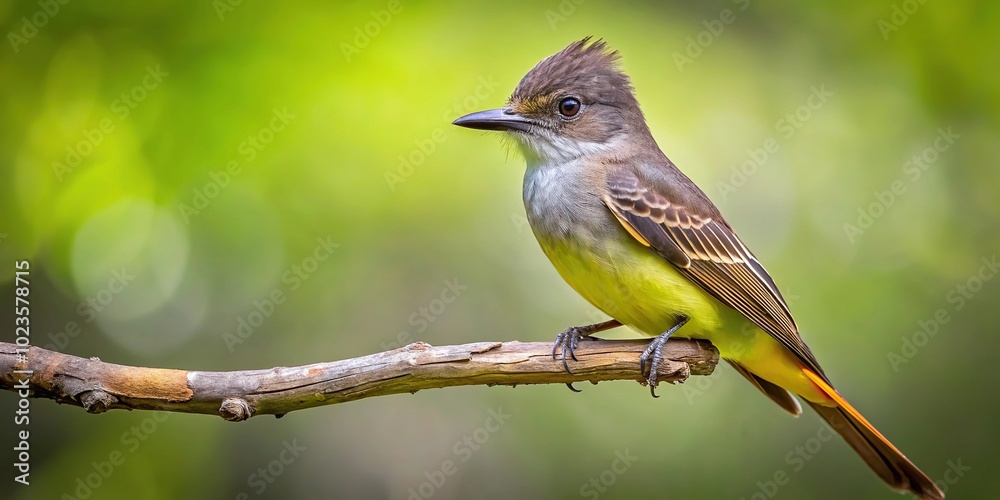 Fototapeta premium Great crested flycatcher perched on branch aerial view