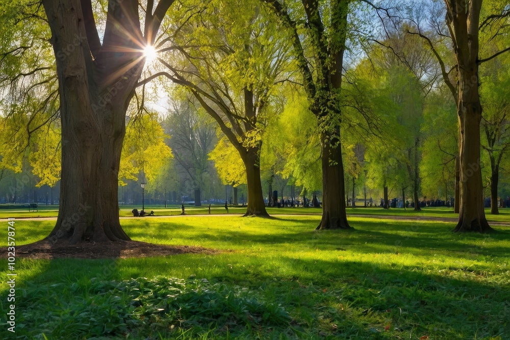 Naklejka premium Green park landscape showing deciduous trees with fresh green foliage at springtime and sunny day in panoramic view. Sunny day in the springtime park