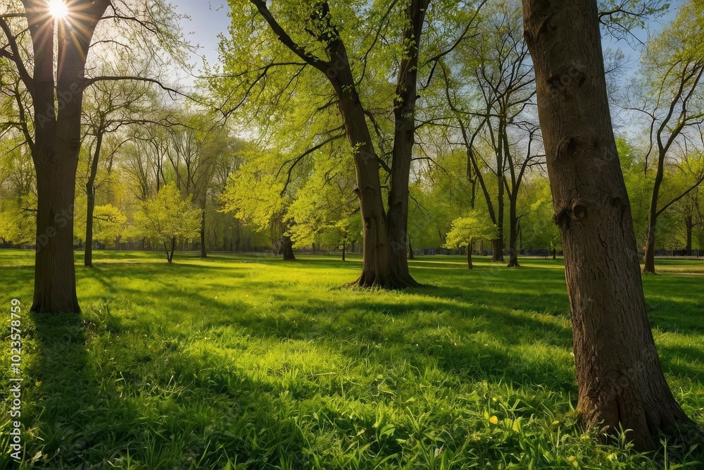 Green park landscape showing deciduous trees with fresh green foliage at springtime and sunny day in panoramic view. Panoramic view of the verdant spring park Green park landscape showing deciduous trees with fresh green foliage at springtime and sunny day in panoramic view. Panoramic view of the verdant spring park