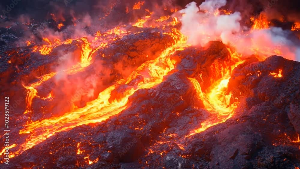 Aerial view of flowing lava streams cascading down a volcanic landscape at night. Nature concept