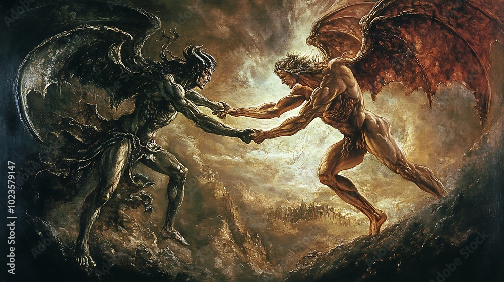 Fototapeta premium A dramatic depiction of a struggle between two powerful beings, symbolizing conflict and duality.