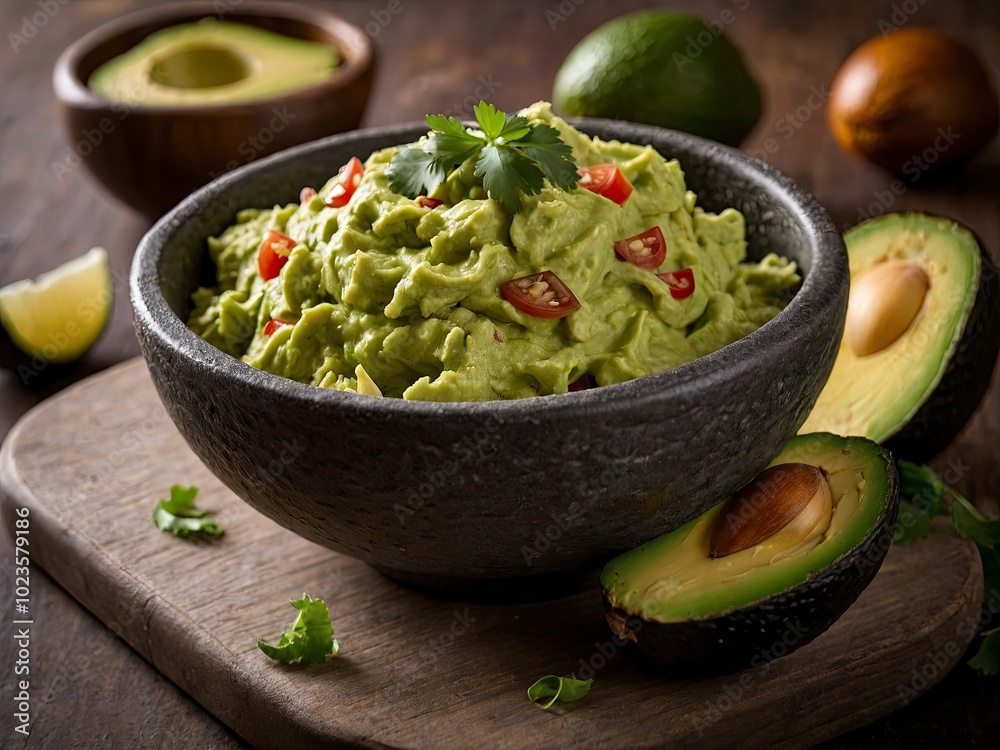 Guacamole with avocado or delicious guacamole and fresh avocado or Guacamole Freshly made. Homemade guacamole with fresh avo