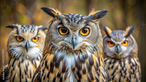 Great horned owl and Eurasian eagle owl perched on a textured wall background