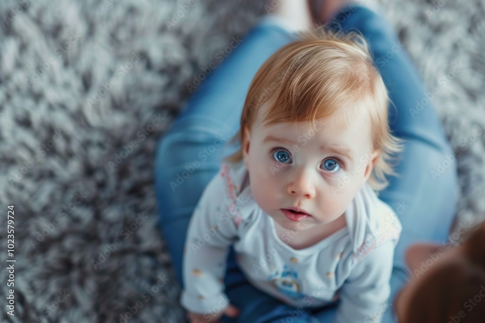 Baby girl is sitting on her mother's lap and looking up with a curious expression