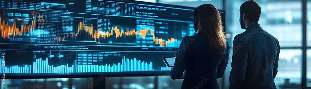Candid Photo of Businesspeople Analyzing Market Trends on Large Screen in Modern Office - Authentic Engagement with Financial Data and Business Strategy Candid Photo of Businesspeople Analyzing Market Trends on Large Screen in Modern Office - Authentic Engagement with Financial Data and Business Strategy