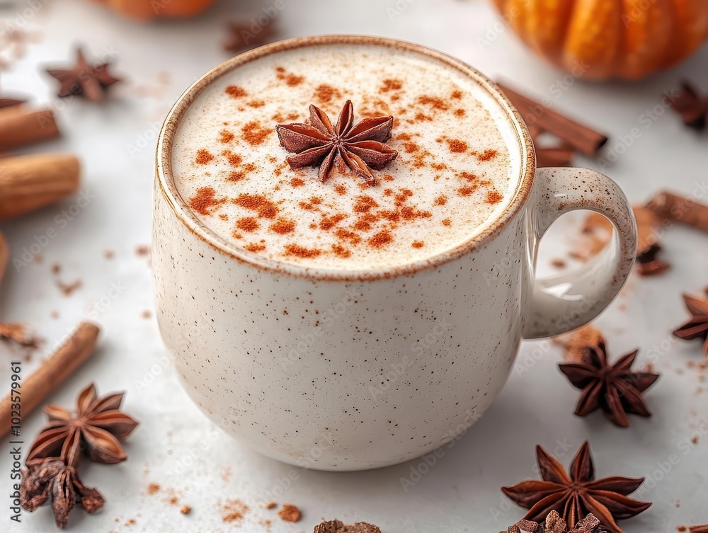 rich pumpkin spice latte displayed against a crisp white background, highlighting the warm and inviting essence of seasonal flavors, perfect for cozy moments and autumn inspiration