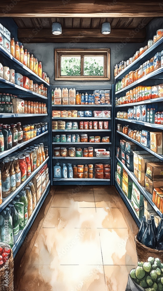 Fototapeta premium Supermarket with fully stocked shelves, blank space for text, supply, product availability