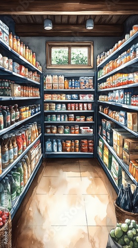 Supermarket with fully stocked shelves, blank space for text, supply, product availability photo