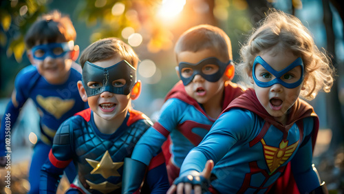 Macro close up of children dressed as superheroes playing in a sunny park, dynamic poses with toy gadgets, colorful outdoor background, ample copy space, perfect for photo stock concepts