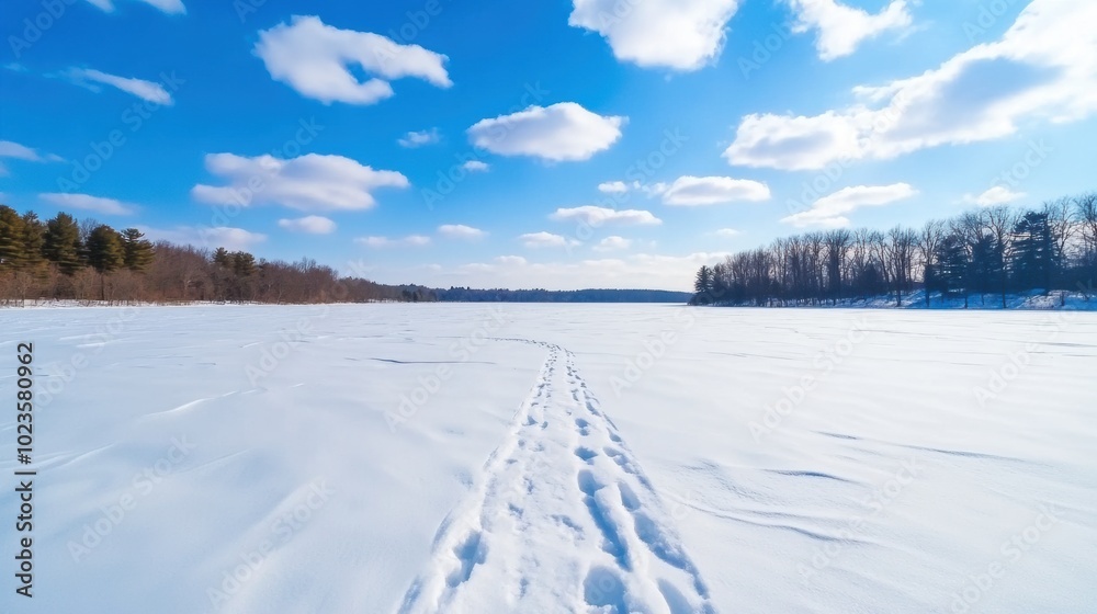 Serene Frozen Lake Landscape with Snowy Path in Scenic Winter Wilderness Serene Frozen Lake Landscape with Snowy Path in Scenic Winter Wilderness
