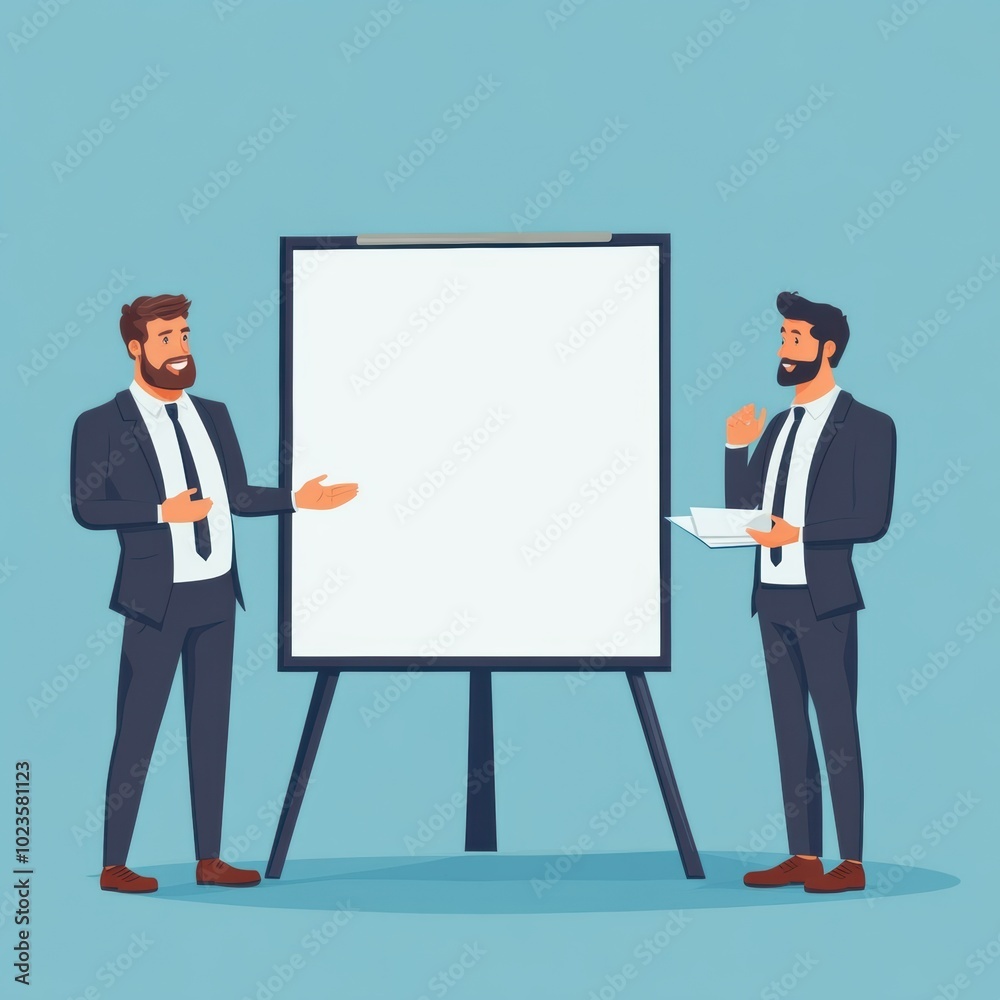 Two businessmen presenting ideas on a whiteboard in a corporate meeting Two businessmen presenting ideas on a whiteboard in a corporate meeting