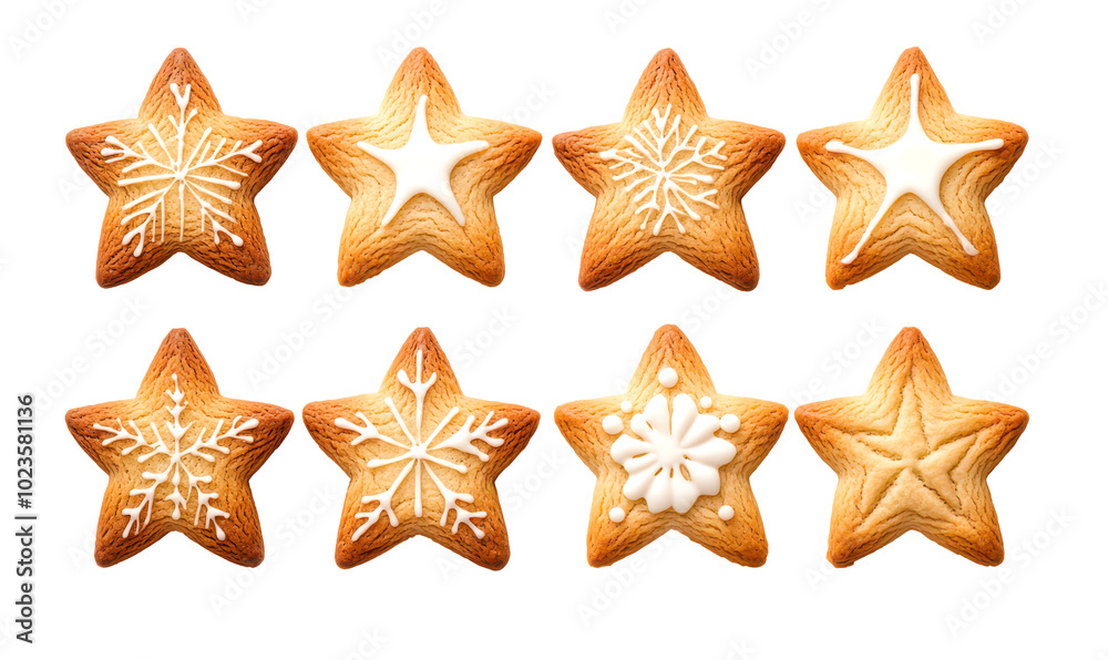 Obraz premium Decorative star-shaped cookies with icing isolate on transparent background, cutout, png