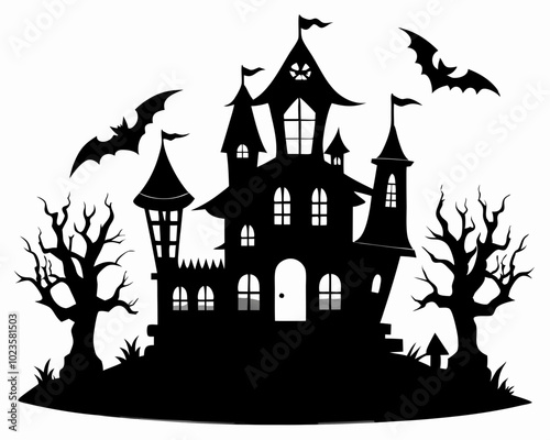 A Silhouette Vector Of Halloween Haunted House, Haunted House silhouette collection. scary halloween house bundle set,halloween at night and bats house logo