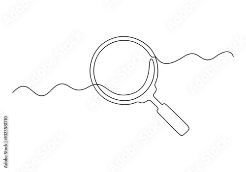 Magnifying glass in one continuous line drawing. Concept of Business analysis in simple outline style. Used for logo, emblem, web banner, presentation. Vector illustration