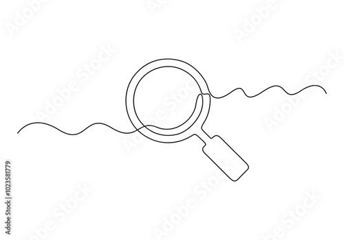 Magnifying glass in one continuous line drawing. Concept of Business analysis in simple outline style. Used for logo, emblem, web banner, presentation. Vector illustration
