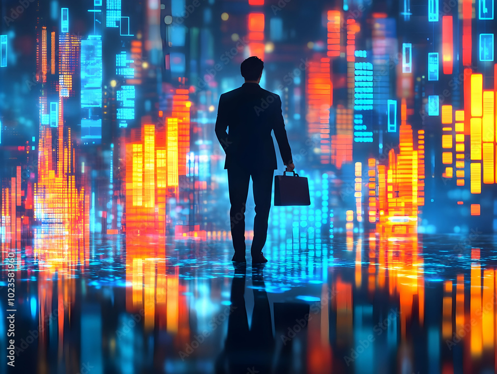 Flat Bokeh Digital Art of a Businessperson with Briefcase Against Glowing Holographic Charts Symbolizing Financial Growth and Success in a Modern Business Context Flat Bokeh Digital Art of a Businessperson with Briefcase Against Glowing Holographic Charts Symbolizing Financial Growth and Success in a Modern Business Context