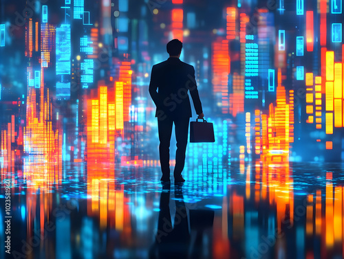 Flat Bokeh Digital Art of a Businessperson with Briefcase Against Glowing Holographic Charts Symbolizing Financial Growth and Success in a Modern Business Context