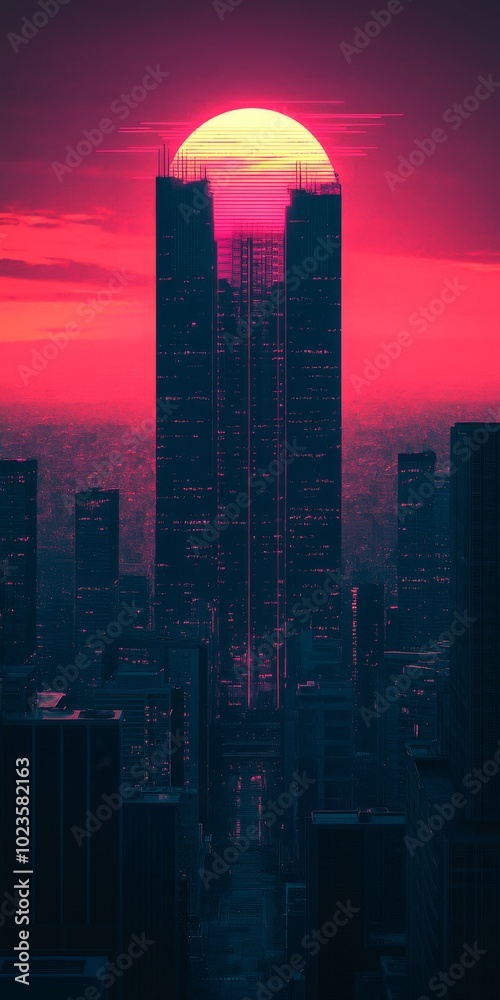 Dark silhouette of a skyscraper with a unique synthwave theme, set against a glowing sunset. Dark silhouette of a skyscraper with a unique synthwave theme, set against a glowing sunset.