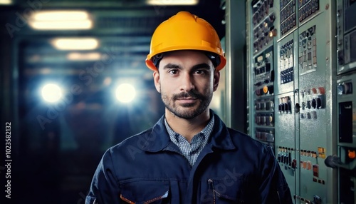 Electrician in front of control cabinet in industrial building