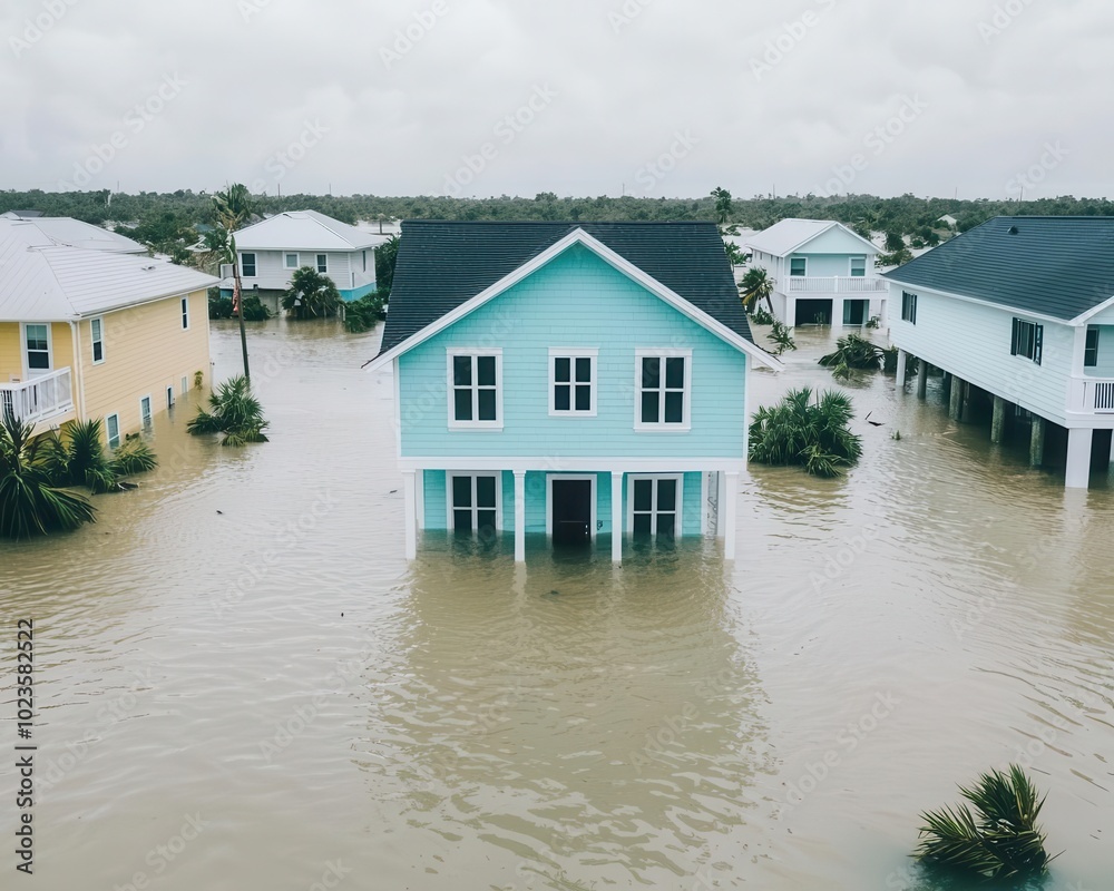 Obraz premium Homes submerged in dangerous floodwaters as Hurricane Milton makes landfall, causing widespread destruction
