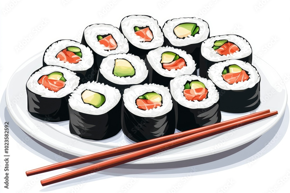 A plate of sushi rolls with salmon and avocado, chopsticks nearby A plate of sushi rolls with salmon and avocado, chopsticks nearby