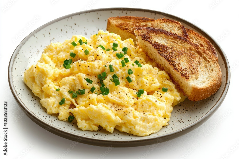 Scrambled Eggs with Toasted Bread and Green Onions on a Plate Scrambled Eggs with Toasted Bread and Green Onions on a Plate