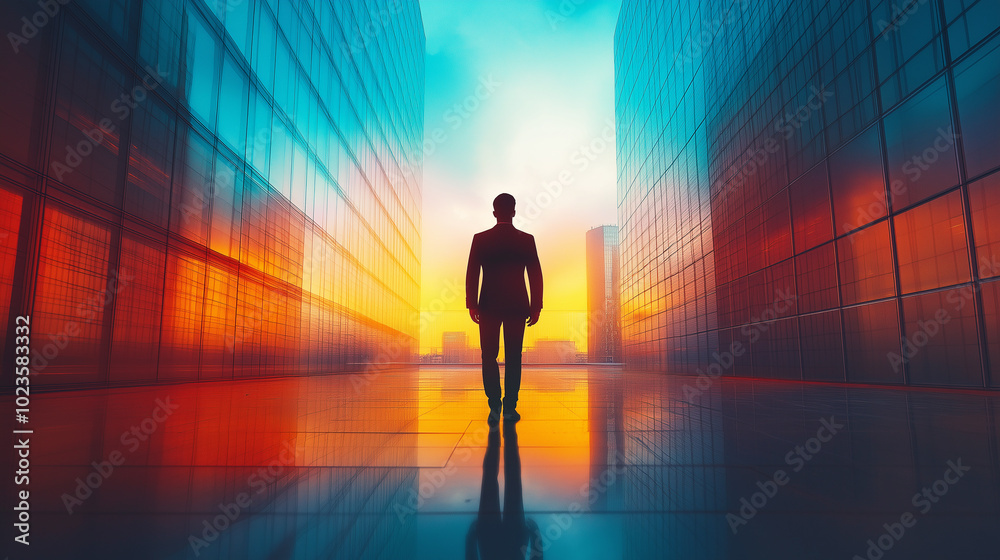 A man is walking down a hallway with a sunset in the background A man is walking down a hallway with a sunset in the background