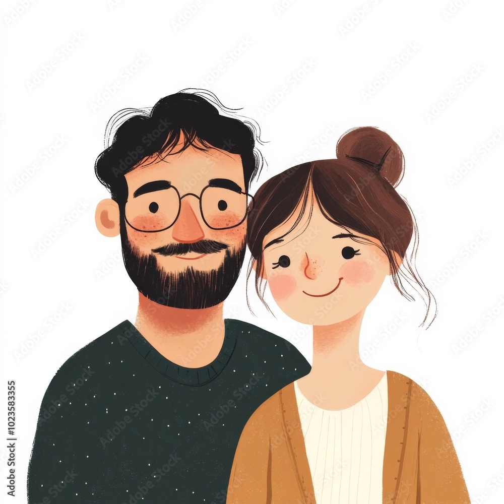 Illustration of a Happy Couple Smiling and Standing Side by Side, Featuring a Bearded Man with Glasses and a Woman with Her Hair in a Bun, on a White Background Illustration of a Happy Couple Smiling and Standing Side by Side, Featuring a Bearded Man with Glasses and a Woman with Her Hair in a Bun, on a White Background