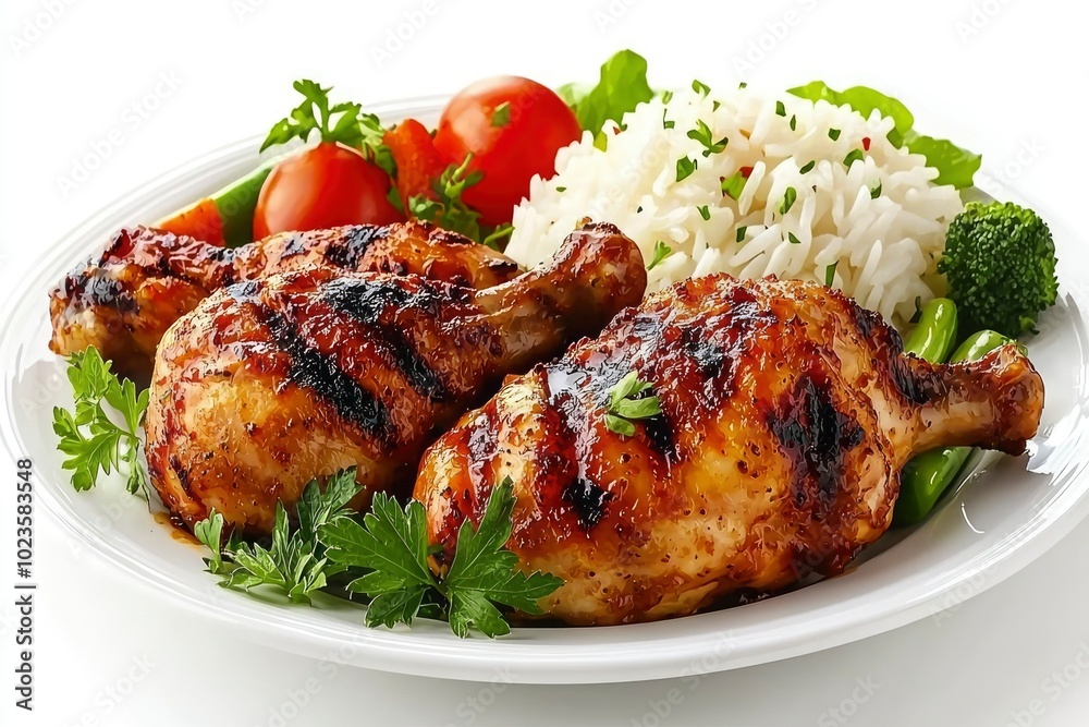 Grilled Chicken Legs with Rice, Vegetables, and Parsley on a White Plate Grilled Chicken Legs with Rice, Vegetables, and Parsley on a White Plate