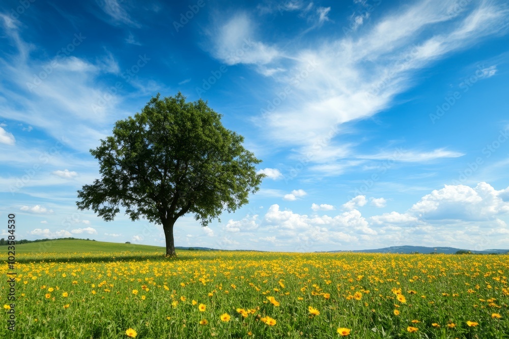 Lone tree in a blooming yellow flower field under a blue sky Lone tree in a blooming yellow flower field under a blue sky
