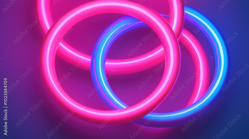 Dynamic interlocking rings of light in bright neon colors create vibrant visual effect. interplay of pink and blue hues adds energetic and modern touch to composition Dynamic interlocking rings of light in bright neon colors create vibrant visual effect. interplay of pink and blue hues adds energetic and modern touch to composition