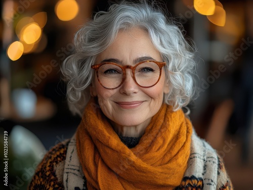 senior woman exuding warmth and wisdom, smiling confidently in an office portrait, surrounded by soft lighting that highlights her joyful expression against a neutral backdrop