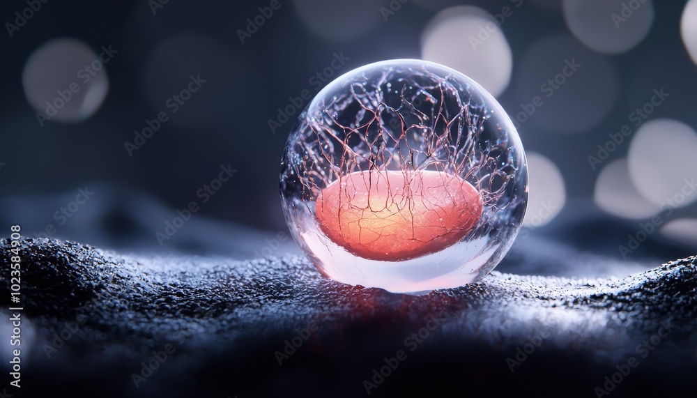 A 3D model of an embryonic stem cell, with its translucent membrane and ...