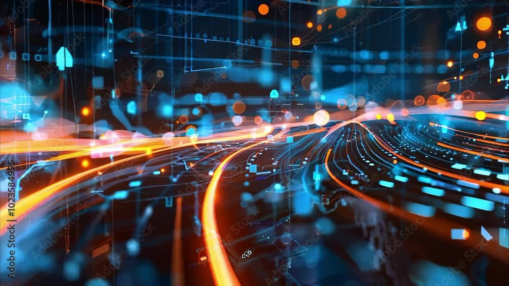 A digital abstract representation featuring glowing lines and shapes, symbolizing data flow and technology.
