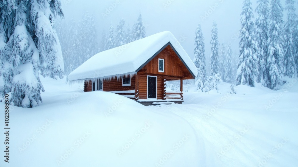 Cozy Winter Cabin in Snowy Woodland Landscape Cozy Winter Cabin in Snowy Woodland Landscape