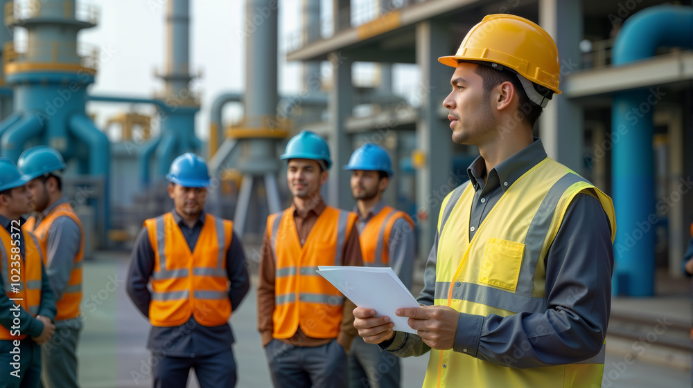 A safety-conscious supervisor leads a team of workers in a vibrant industrial setting. Ideal for construction, safety training, and corporate presentations focused on teamwork and leadership A safety-conscious supervisor leads a team of workers in a vibrant industrial setting. Ideal for construction, safety training, and corporate presentations focused on teamwork and leadership
