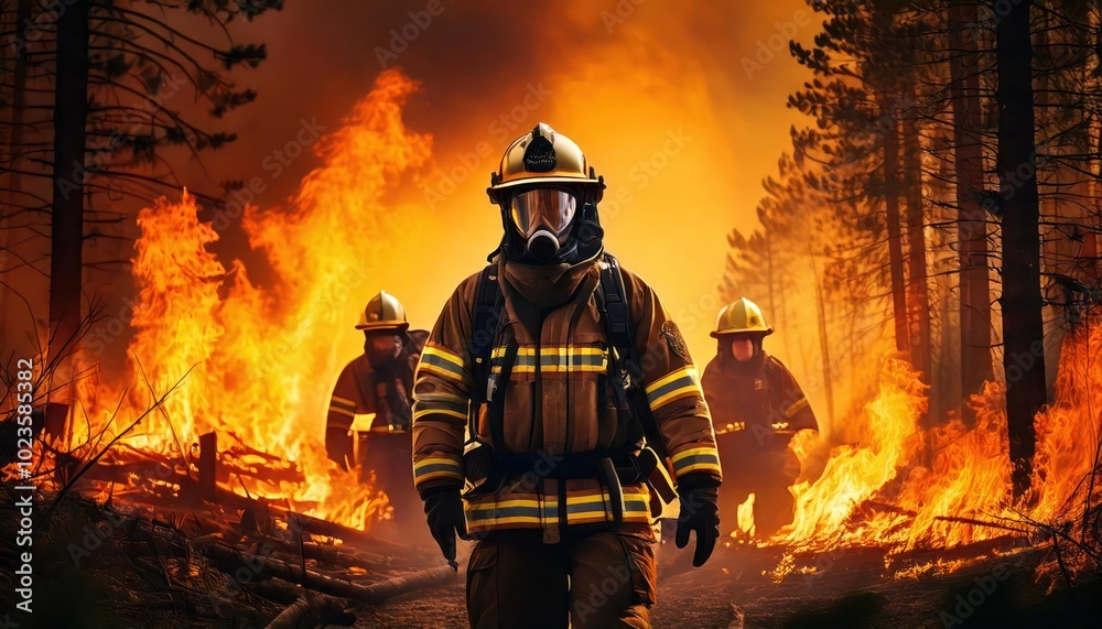 Firefighter and his team in action facing a forest fire