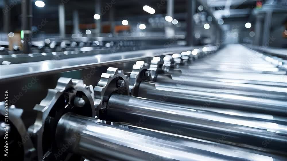 A close-up view of industrial conveyor rollers with metallic surfaces, typically found in manufacturing or processing facilities. A close-up view of industrial conveyor rollers with metallic surfaces, typically found in manufacturing or processing facilities.